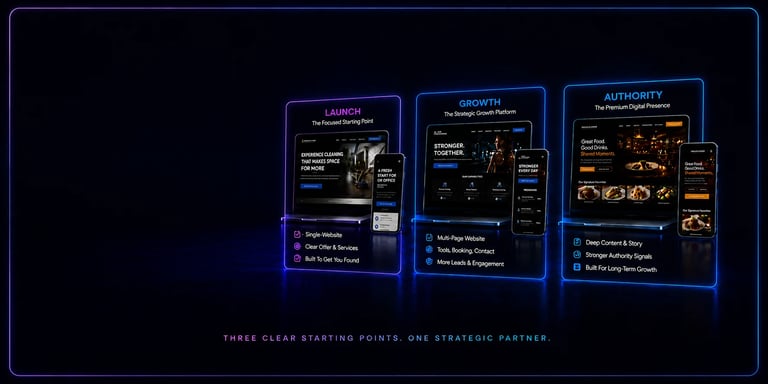 Three glowing digital dashboard panels labeled Launch, Growth, and Authority displaying strategic partnership features and benefits