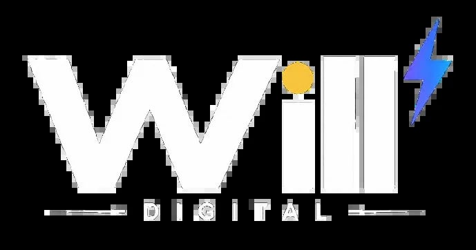 Will Digital logo featuring stylized text with a gold circle and blue lightning bolt on black background