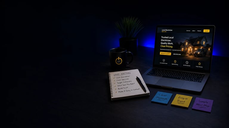 Home office setup at night with laptop, desk lamp, notebook with pen, and colorful sticky notes on dark surface