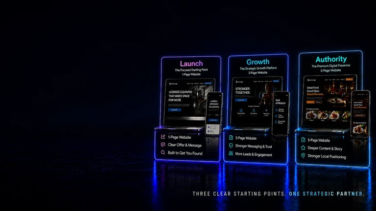 Three neon-bordered boxes displaying Launch, Growth, and Authority stages with strategic partner information and key milestones