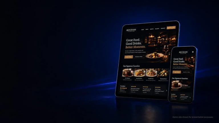 Responsive web design mockup showing a dark-themed food delivery website displayed on tablet and smartphone screens with orange accents