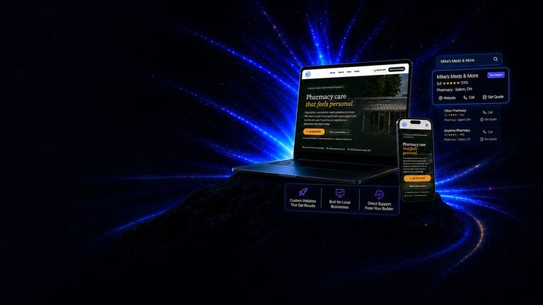 Digital marketing website mockup displayed on laptop and mobile devices with glowing blue light effects on dark background