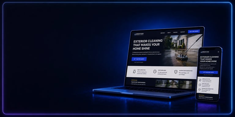 Responsive web design mockup showing website displayed on desktop laptop and mobile phone with dark theme and blue accents