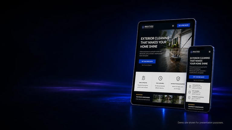 Digital mockup showing exterior cleaning service website displayed on tablet and smartphone screens with blue neon lighting effect