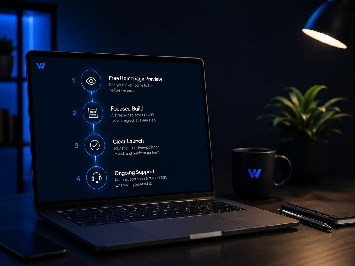 Laptop displaying software features with numbered list including Free Homepage Preview, Focused Build, Clear Launch, and Ongoing Support in a dark blue-lit workspace with coffee mug