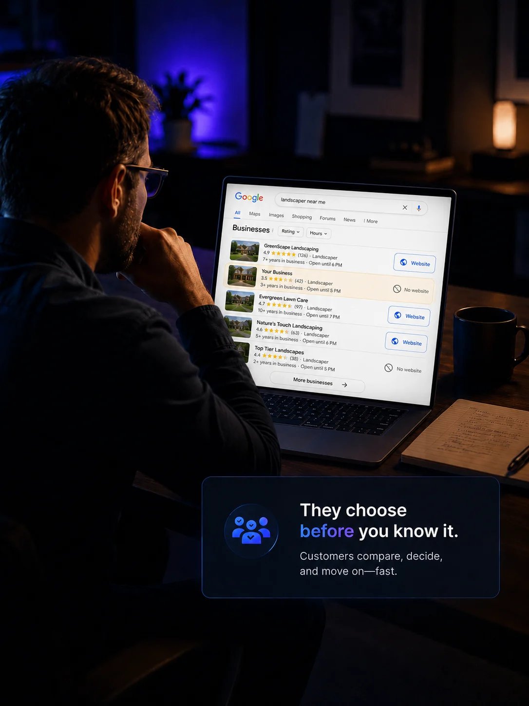 Man wearing glasses viewing Google search results on laptop at night with text overlay reading They choose before you know it.