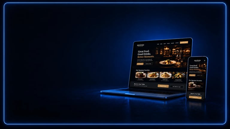 Laptop and smartphone displaying a restaurant website with gold menu items on dark background with blue border lighting