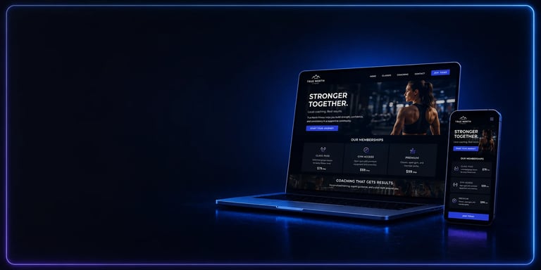 Laptop and mobile phone displaying fitness training website with blue neon lighting on dark background