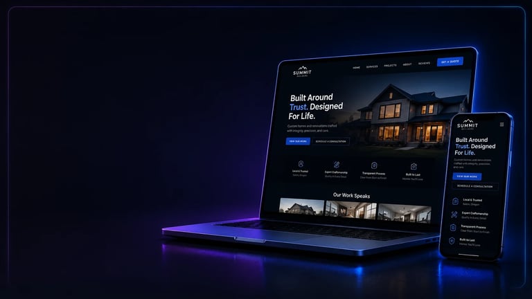 Laptop and smartphone displaying a modern real estate website with blue accent lighting on dark background