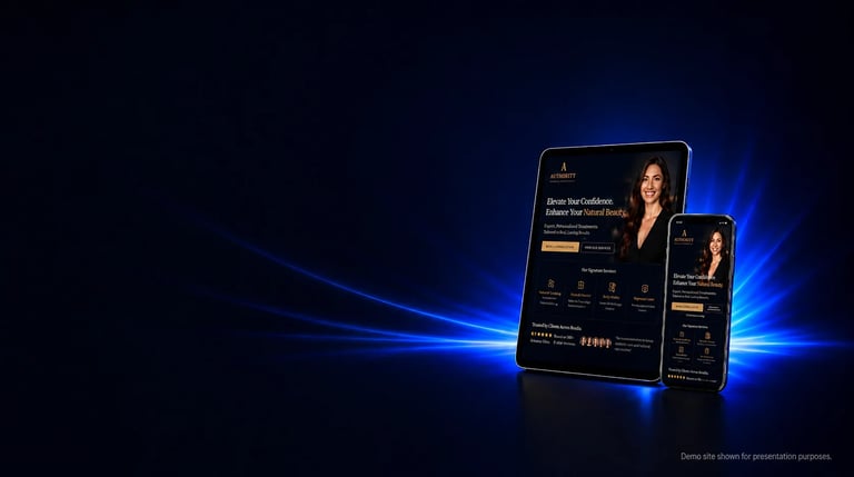 Responsive website design mockup displayed on tablet and mobile device screens with dark theme and glowing blue light effects on black background.