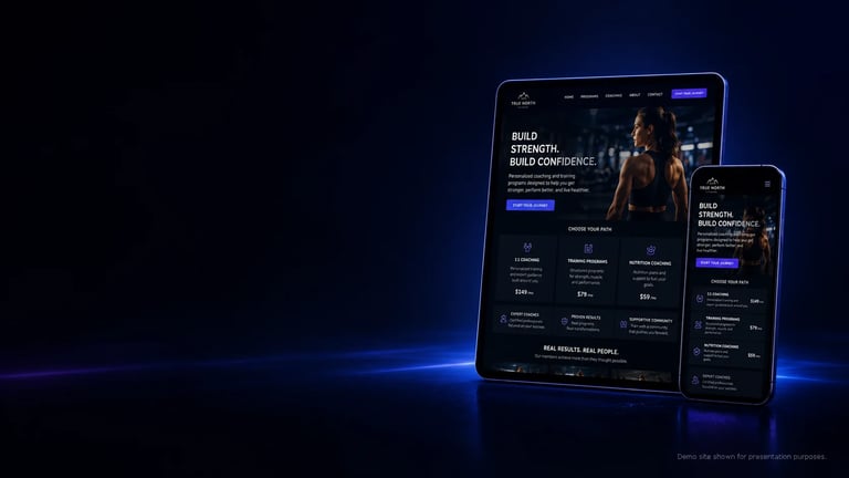 Responsive website design mockup showing dark-themed interface on tablet and mobile devices with blue accent lighting against dark background