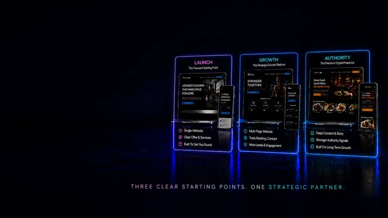 Three illuminated blue interface cards labeled Launch, Growth, and Authority with text Three Clear Starting Points One Strategic Partner below