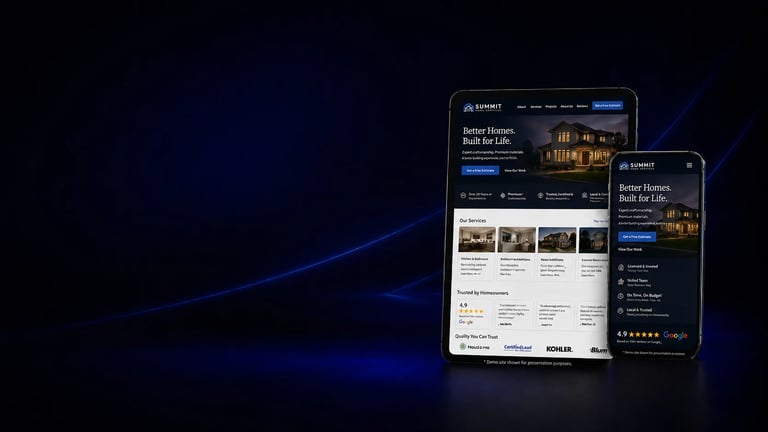 Responsive web design mockup showing a real estate website displayed on tablet and mobile devices with dark interface and property listings.