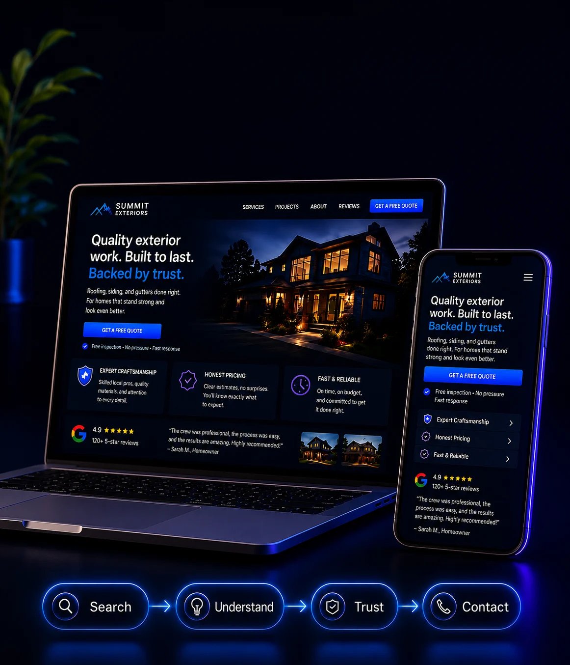 Laptop and smartphone displaying responsive web design for a construction company website with dark theme and blue accents