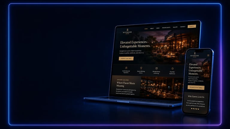 Responsive website design mockup showing elegant hotel booking interface displayed on desktop and mobile devices with warm lighting and gold accents