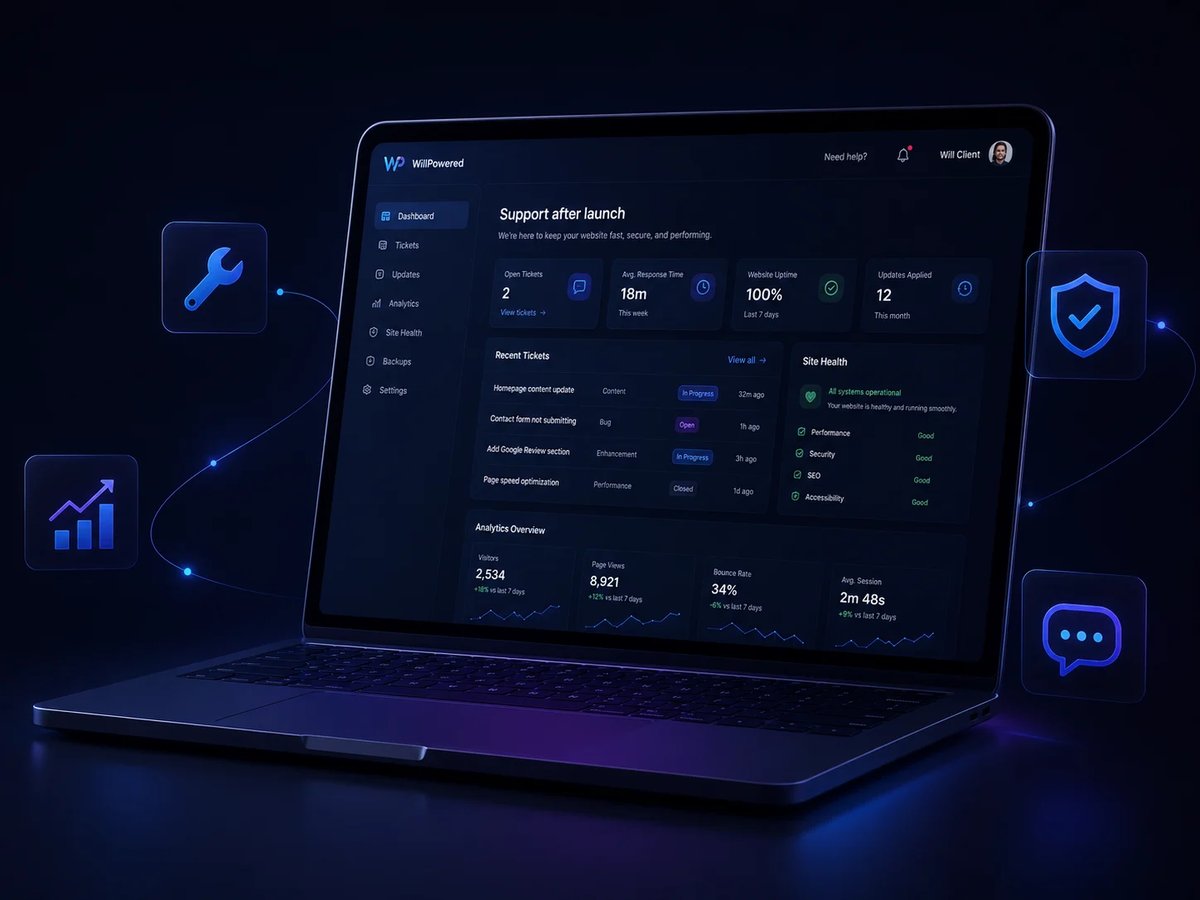 Laptop displaying a dark-themed analytics dashboard with charts, metrics, and data tables on the screen. Tech icons float around the device on a dark background.